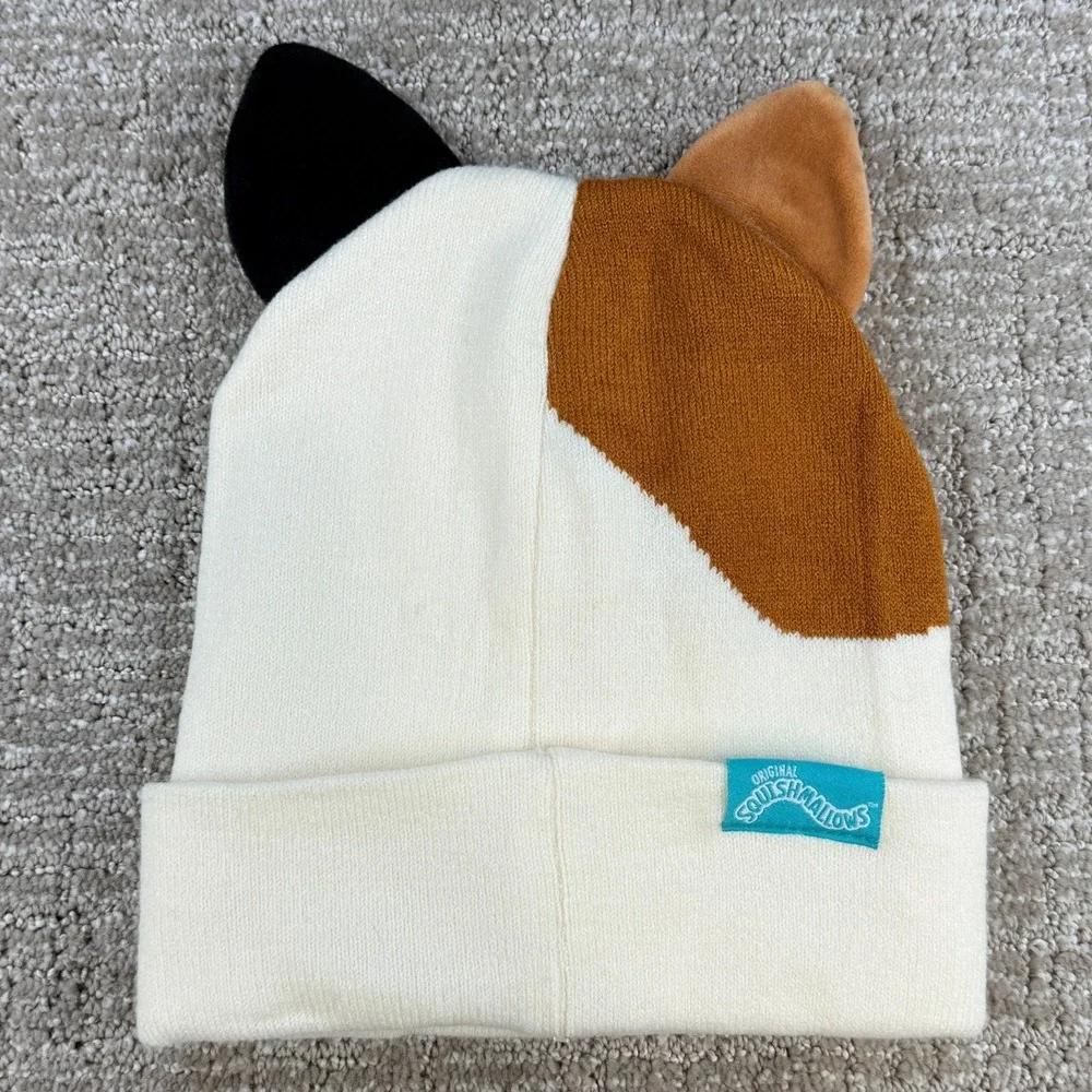 Squishmallows Youth OSFM Cat Ear Knit‎ Beanie Hat White Calico Kitty Face